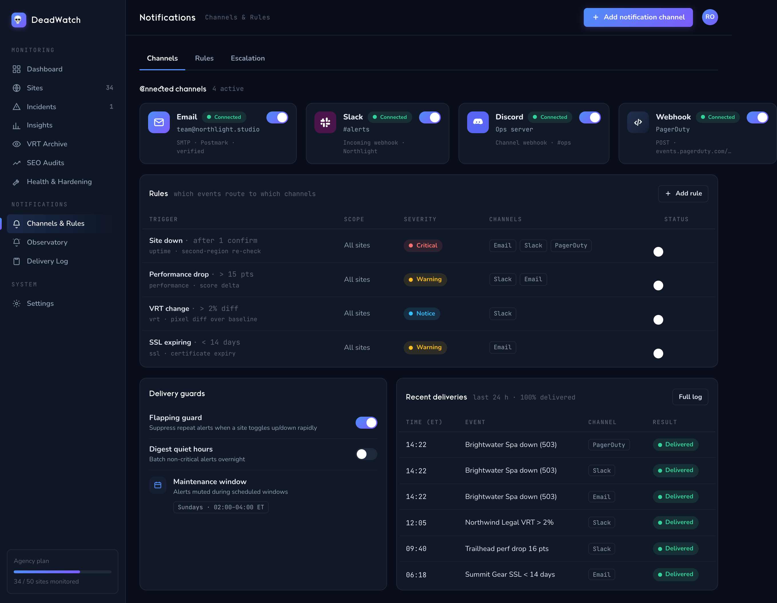 Northlight Studio's notification channels and routing rules — a Slack channel wired to uptime.down events with a throttle window, alongside the incident feed